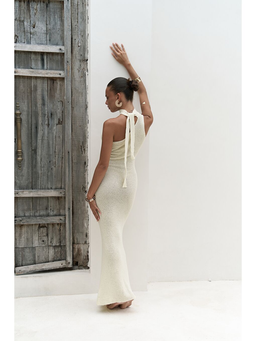 Kamalas Asimetrik Triko Sarı Uzun Elbise-5