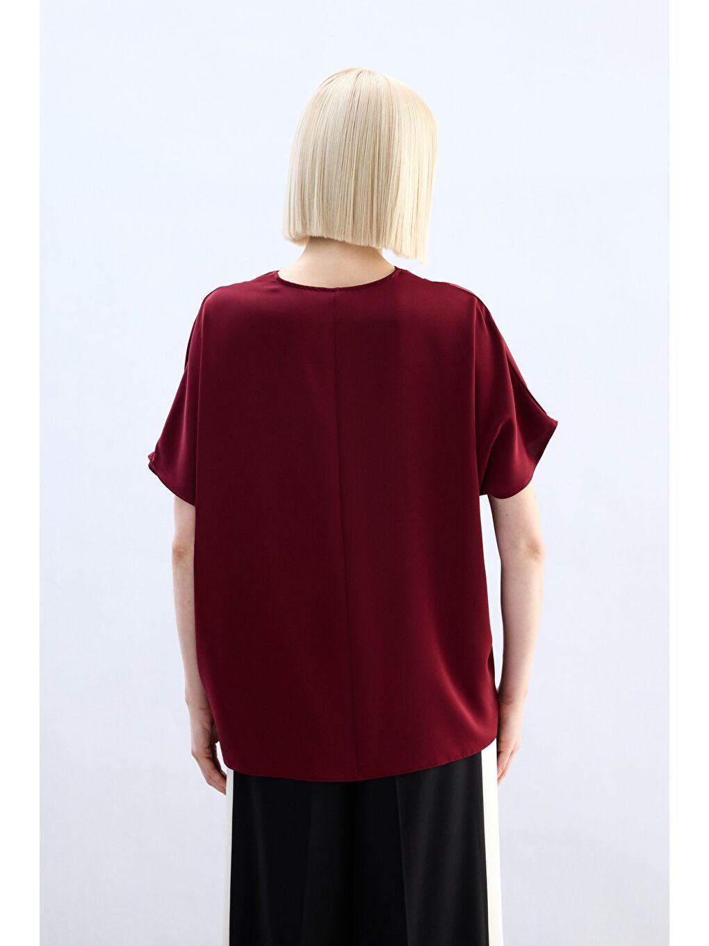 Geniş Kısa Kollu Bluz - Bordo-5