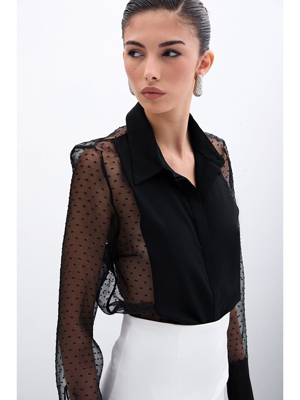 Organze Detaylı Gömlek - Siyah-4