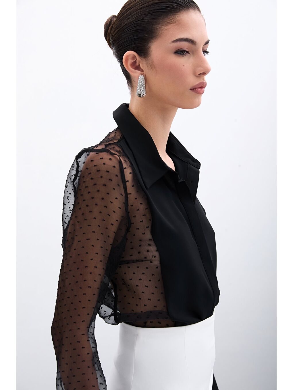 Organze Detaylı Gömlek - Siyah-5