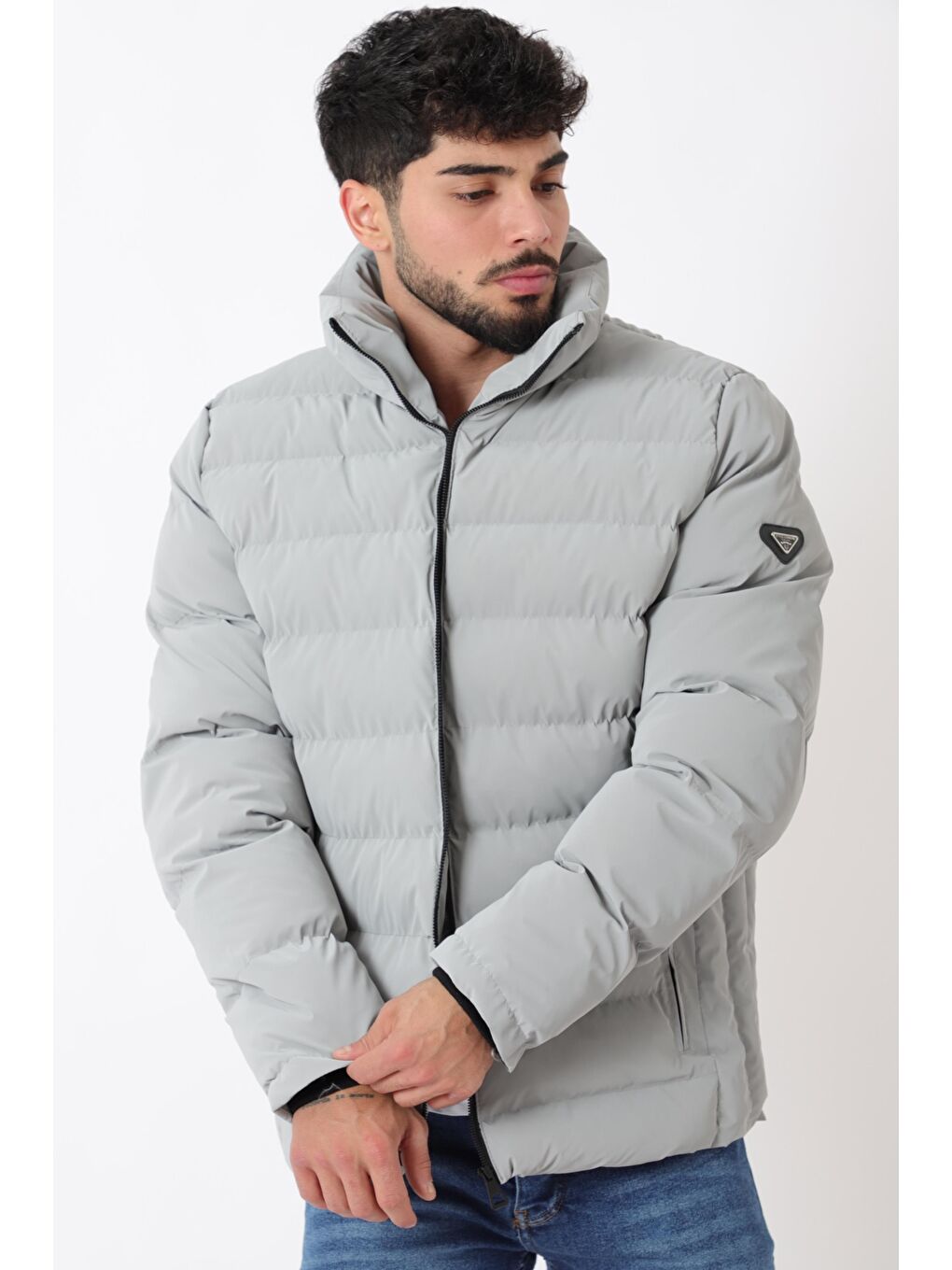 Gri Cep Detay Dik Yaka Armalı Nova Kışlık Mont PLDP 3012_50463-1