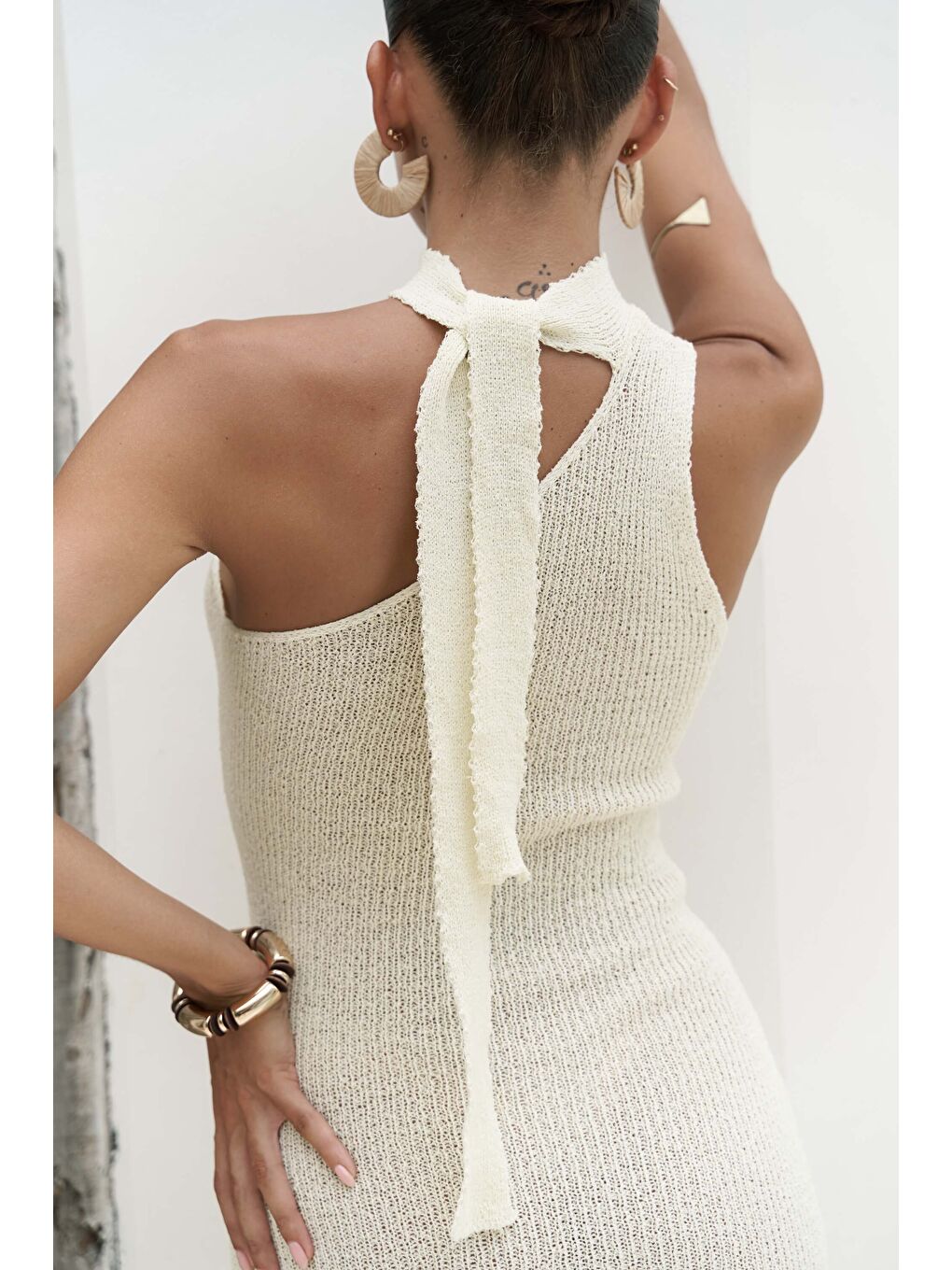 Kamalas Asimetrik Triko Sarı Uzun Elbise-7