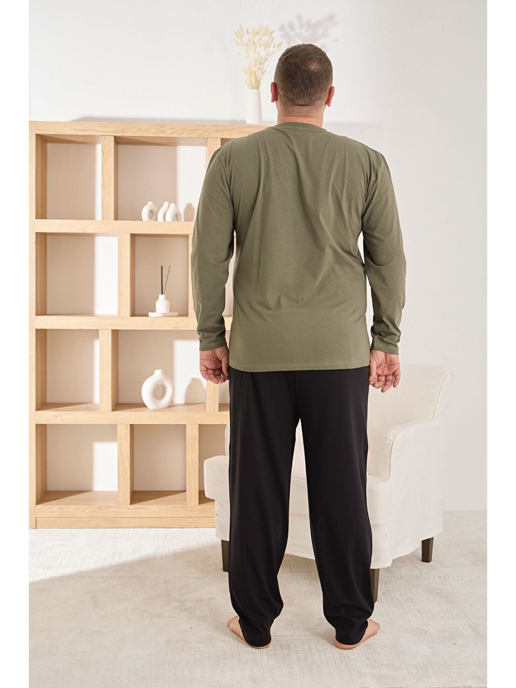 Haki Erkek %100 Pamuk Uzun Kollu Baskılı Battal Kaliteli Rahat Pijama Takımı-2