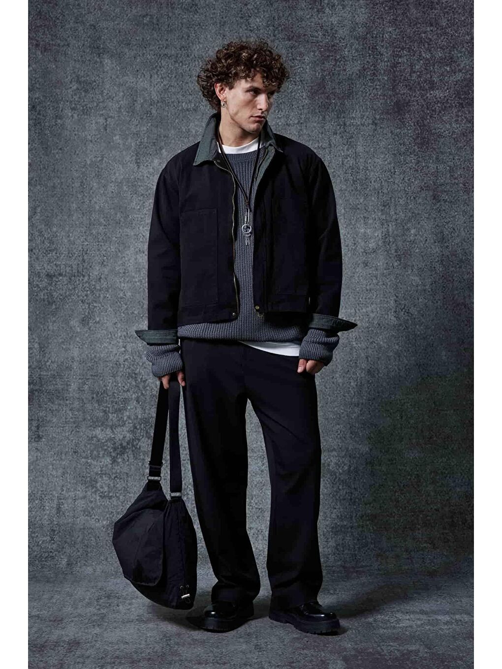 Erkek Ekose Detaylı Yıkamalı Relax Fit Ceket Siyah-1