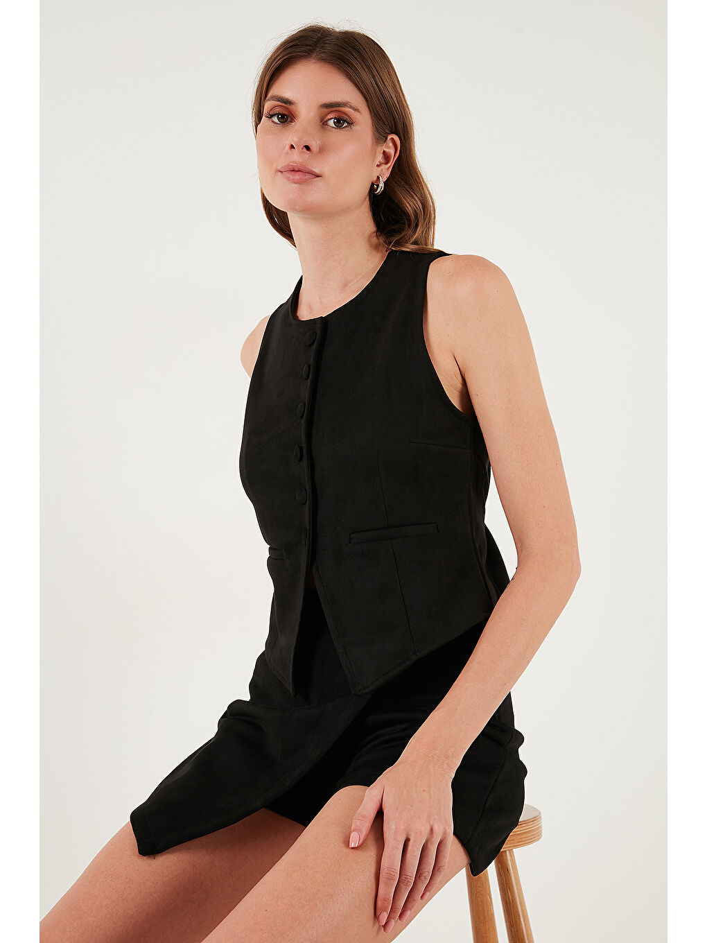 Siyah Fitted Fit Bisiklet Yaka Düğmeli Yumuşak Dokulu Yelek 5866435-1