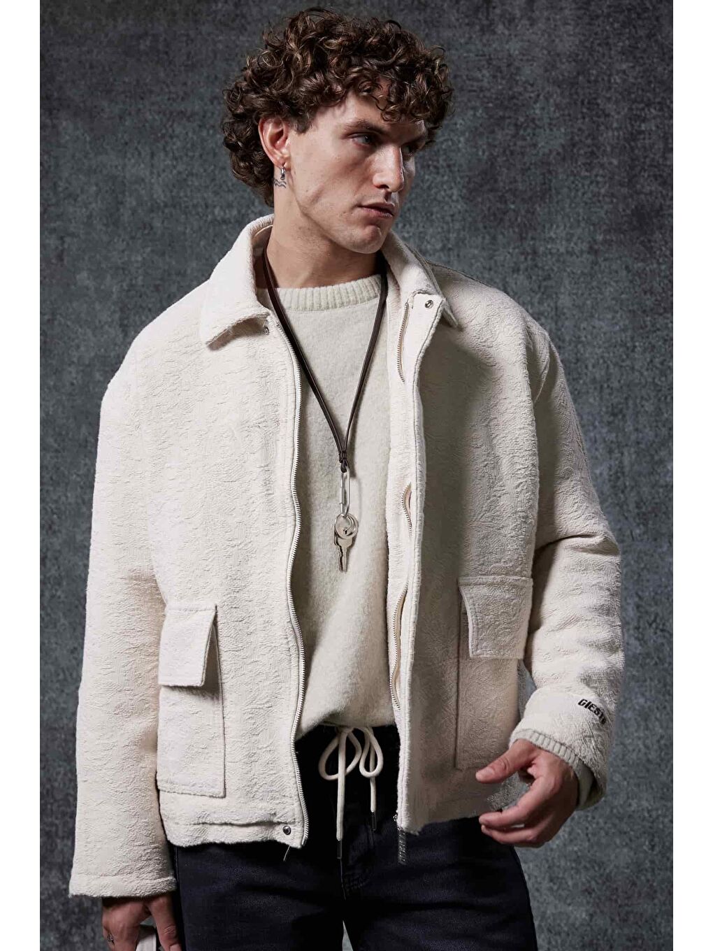 Erkek Boxy Fit Rahat Kesim Desenli Ceket Bej-2