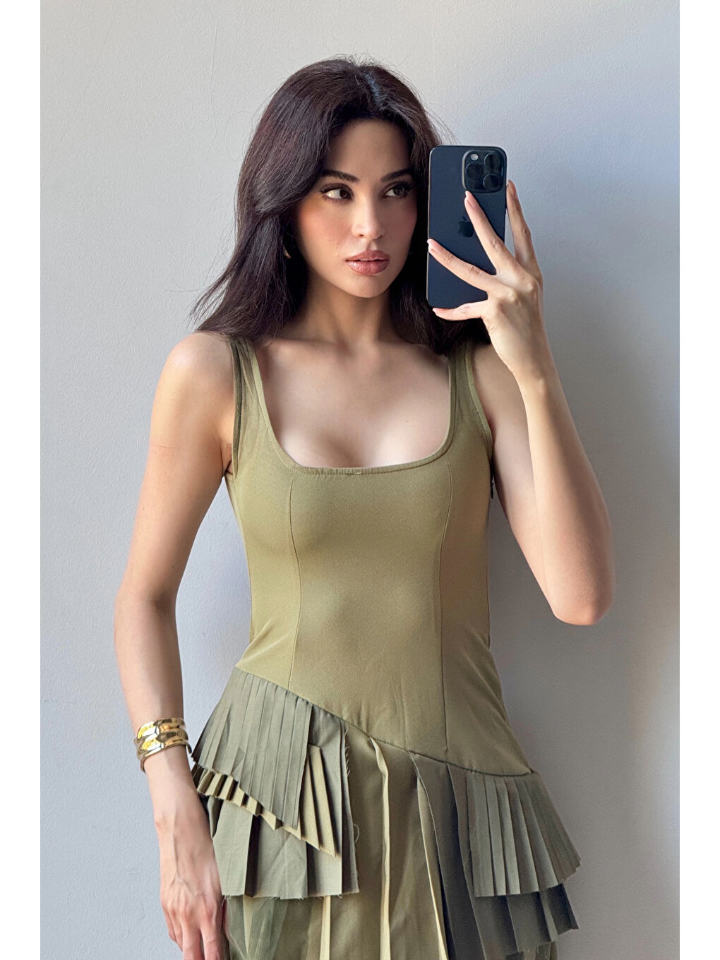 Kadın Haki Pliseli Şort Elbise 1041-2332-5