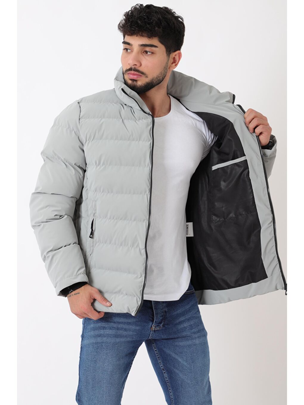 Gri Cep Detay Dik Yaka Armalı Nova Kışlık Mont PLDP 3012_50463-2