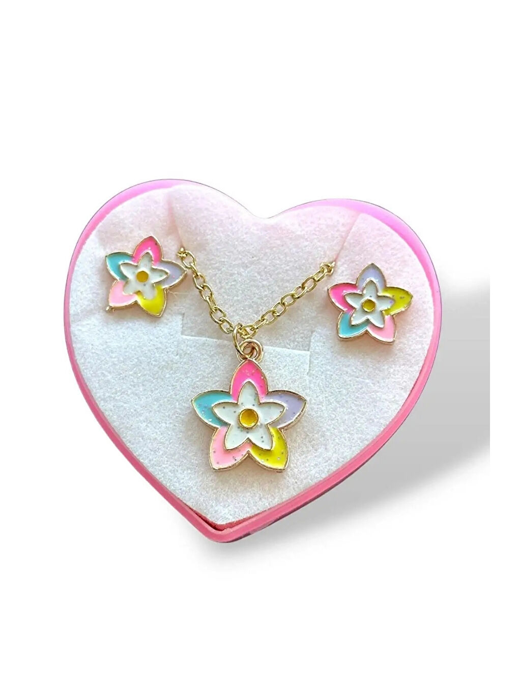Karışık Çok Renkli Çiçek Figürlü Kız Çocuk Kolye ve Küpe Set-1