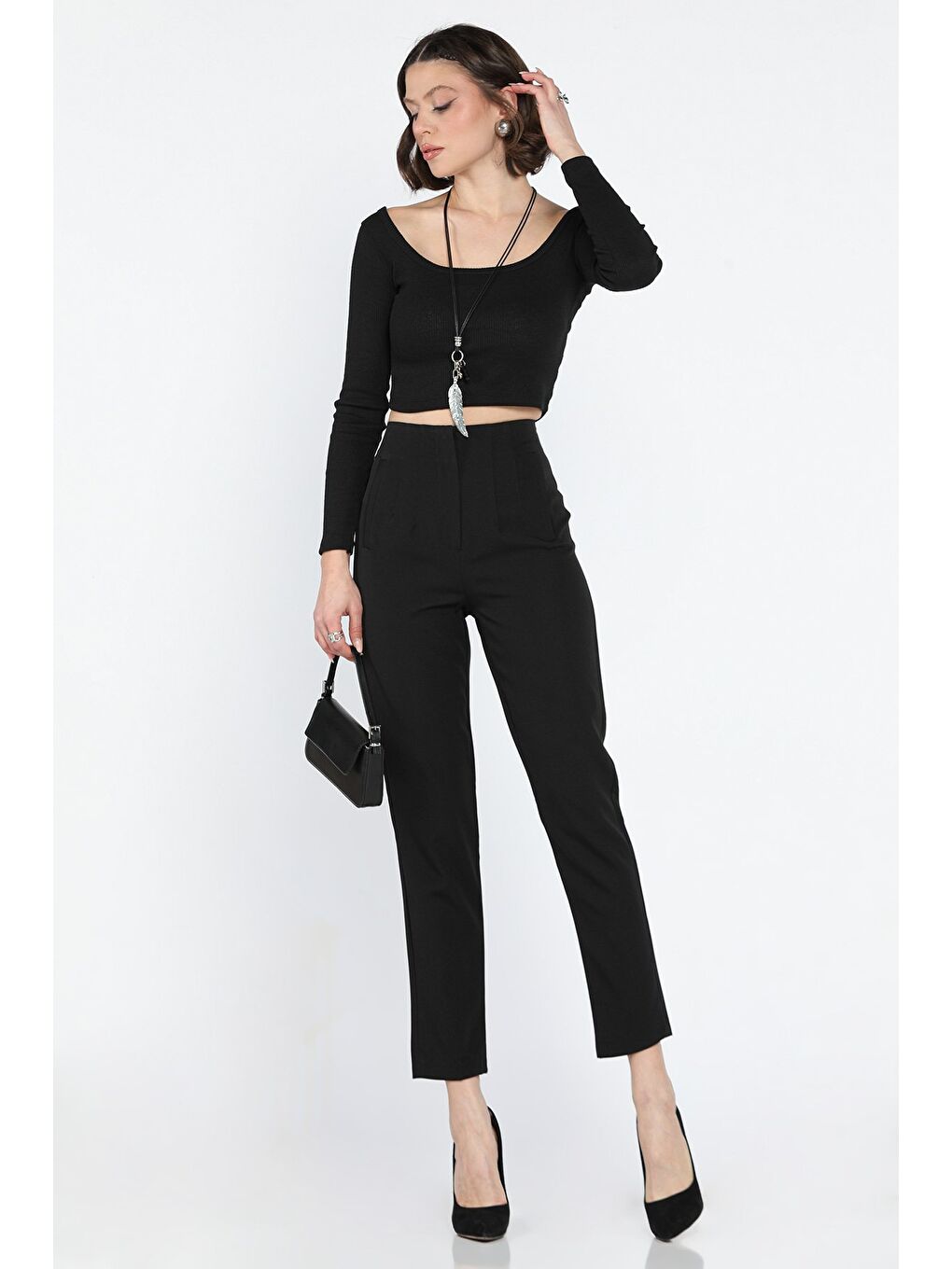 Siyah Kadın Boru Paça Pantolon-1