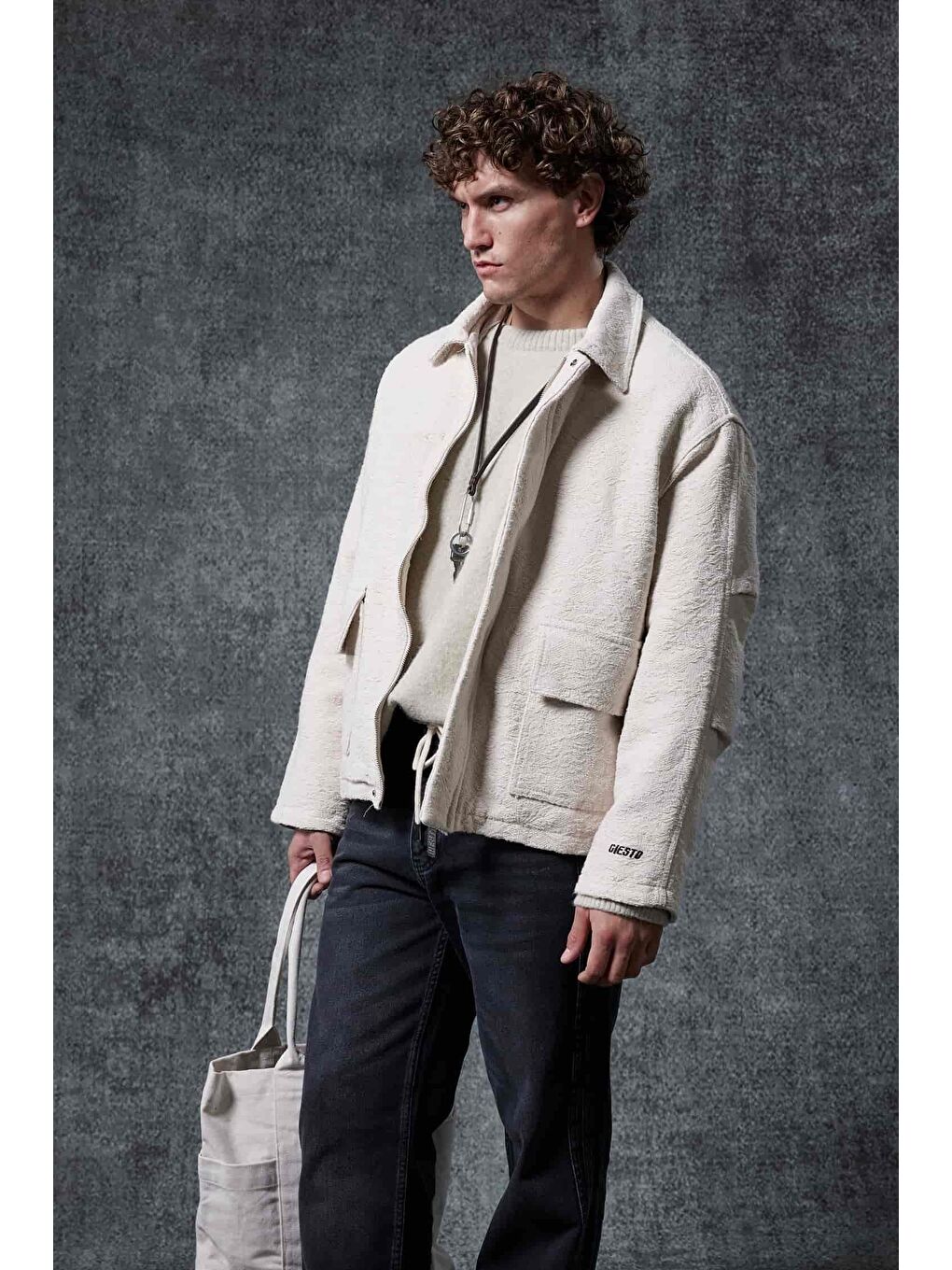 Erkek Boxy Fit Rahat Kesim Desenli Ceket Bej-3