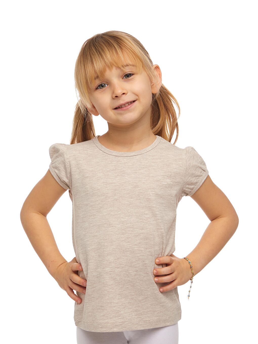 Koyu Bej Melanj Kız Çocuk Kısa Kollu Basıc Tişört