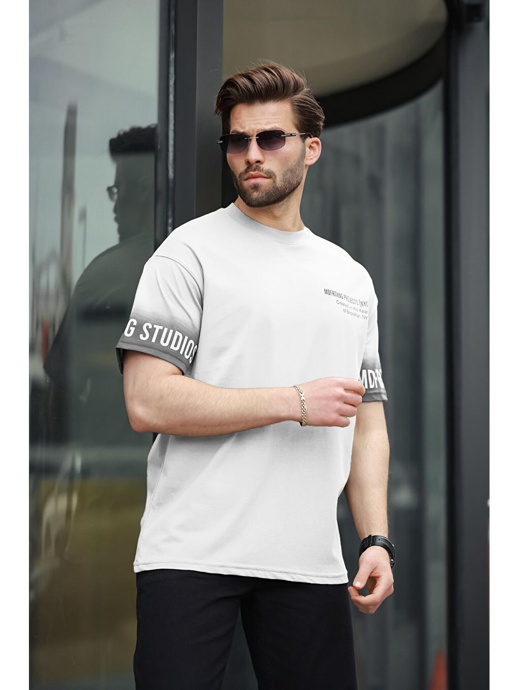 Ekru %100 Pamuklu Baskılı Erkek Tişört E7143