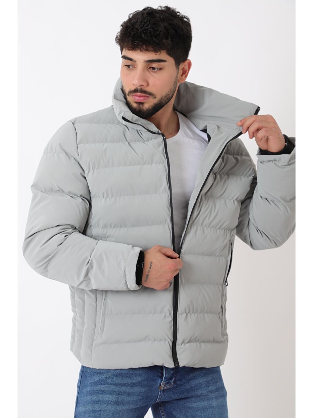 Gri Cep Detay Dik Yaka Armalı Nova Kışlık Mont PLDP 3012_50463-3