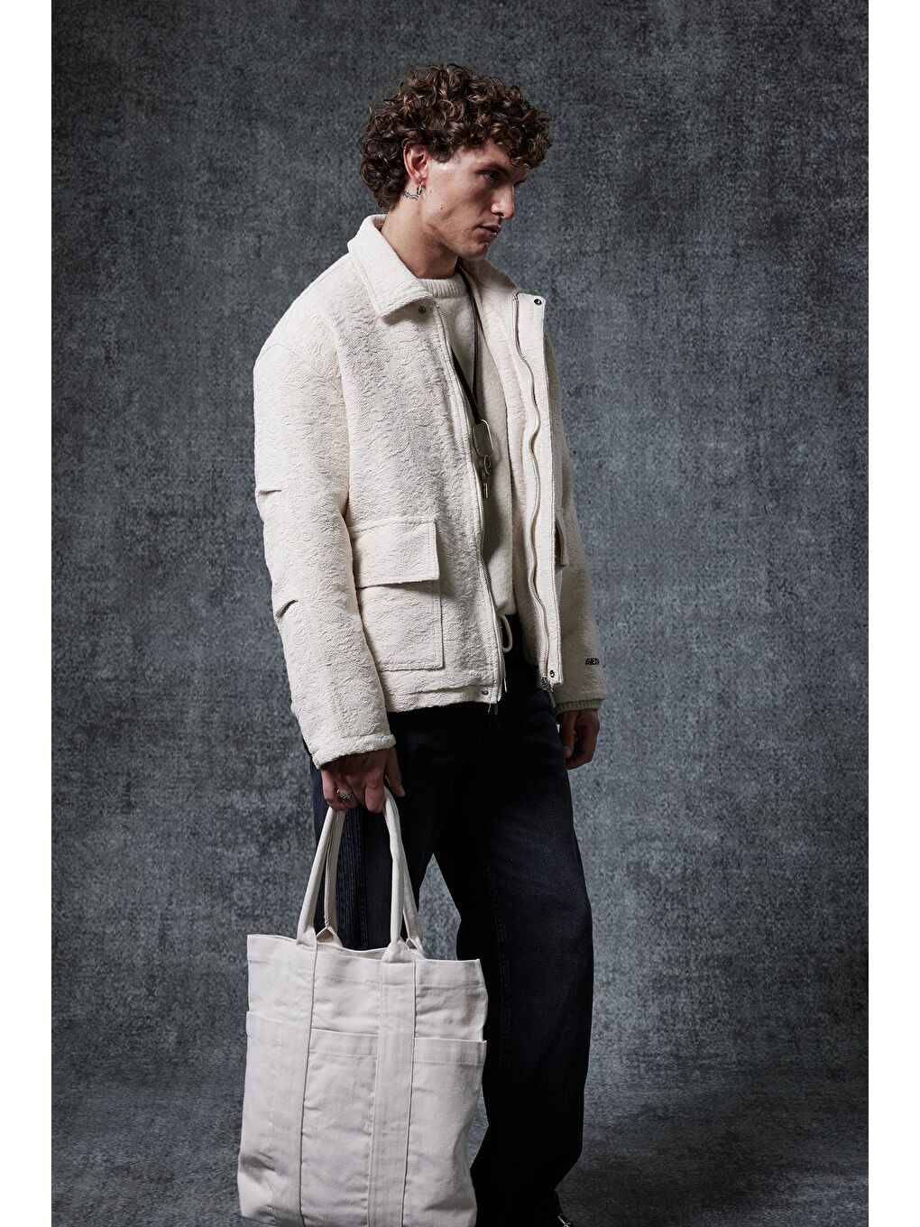 Erkek Boxy Fit Rahat Kesim Desenli Ceket Bej-4