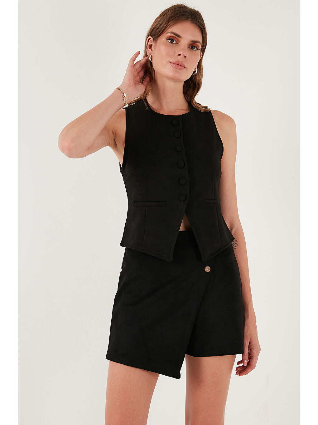 Siyah Fitted Fit Bisiklet Yaka Düğmeli Yumuşak Dokulu Yelek 5866435-3