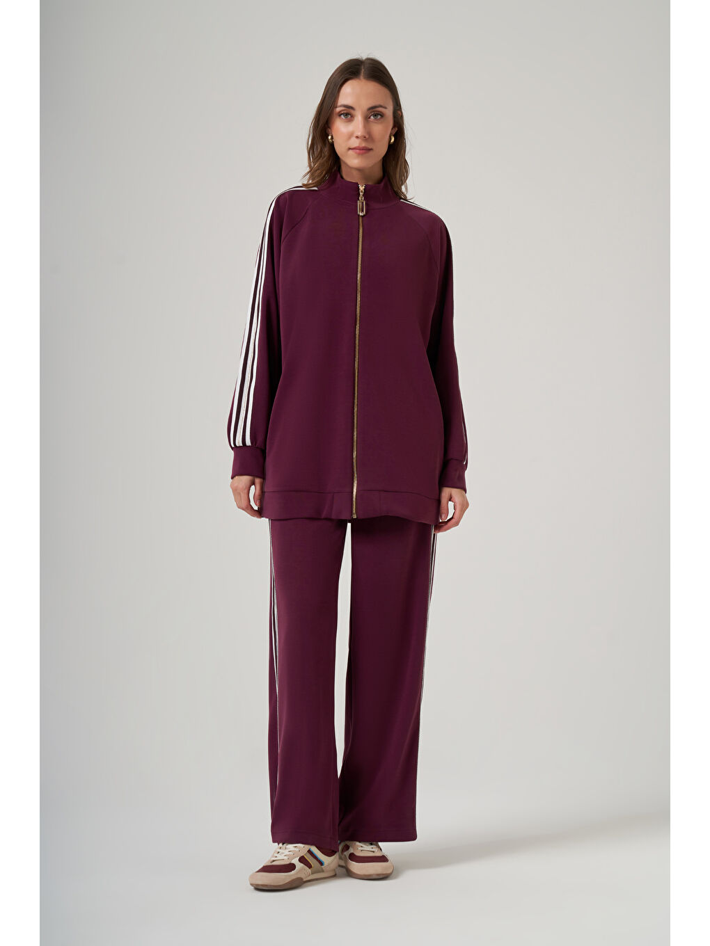 Fermuarı Taş Detaylı Pantolonlu Takım 1092 Mürdüm-2