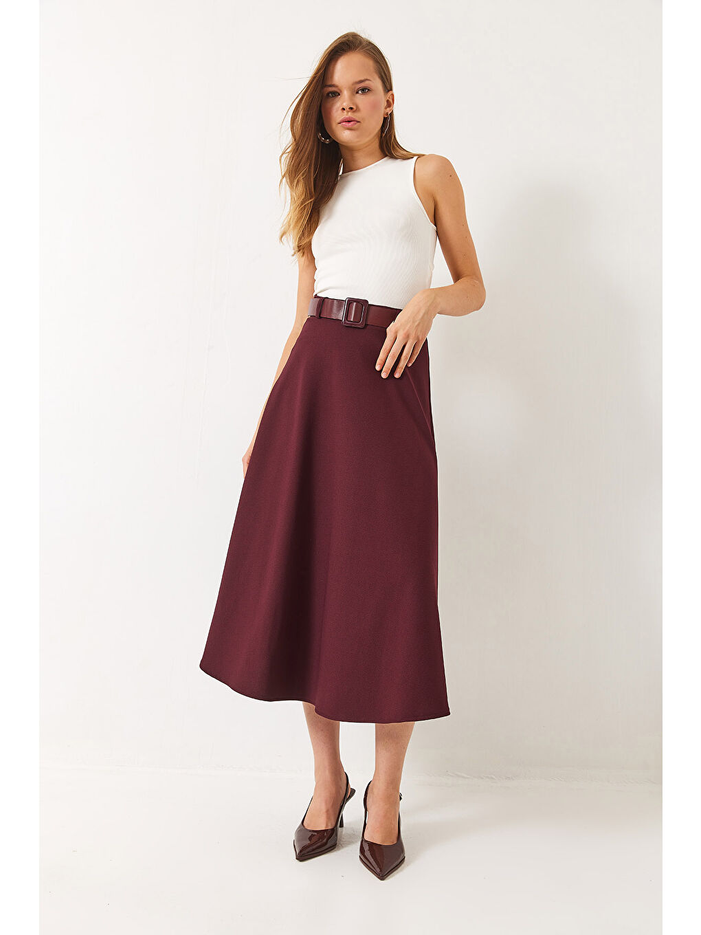 Bordo Kadın Kemerli Kloş Örme Maxi Boy Etek-4