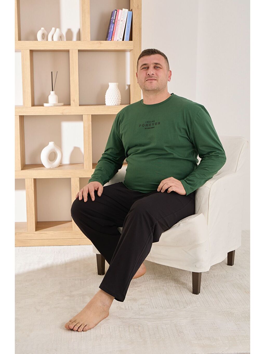 Yeşil Erkek %100 Pamuk Uzun Kollu Baskılı Battal Kaliteli Rahat Pijama Takımı-1