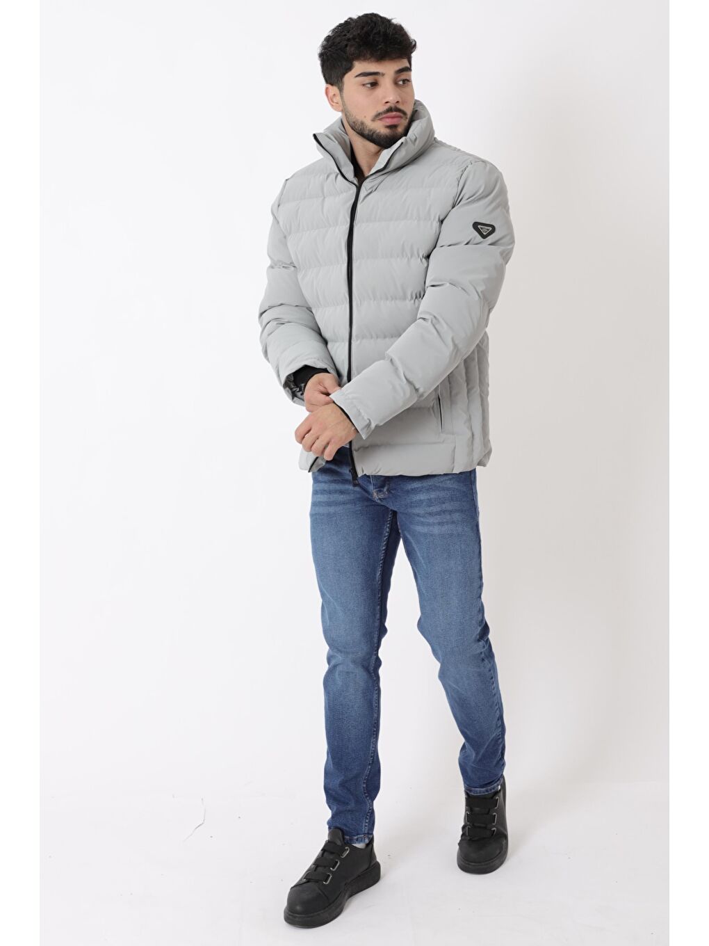 Gri Cep Detay Dik Yaka Armalı Nova Kışlık Mont PLDP 3012_50463-4