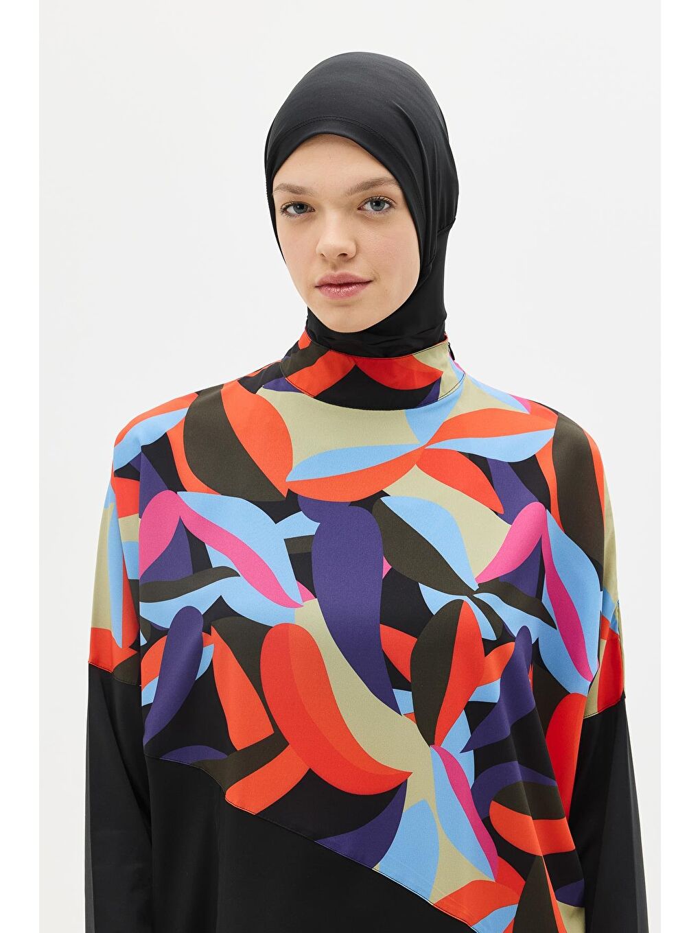 Desenli Rahat Kesim 4'Lü Tesettür Mayo 6297 Lacivert/Siyah-1