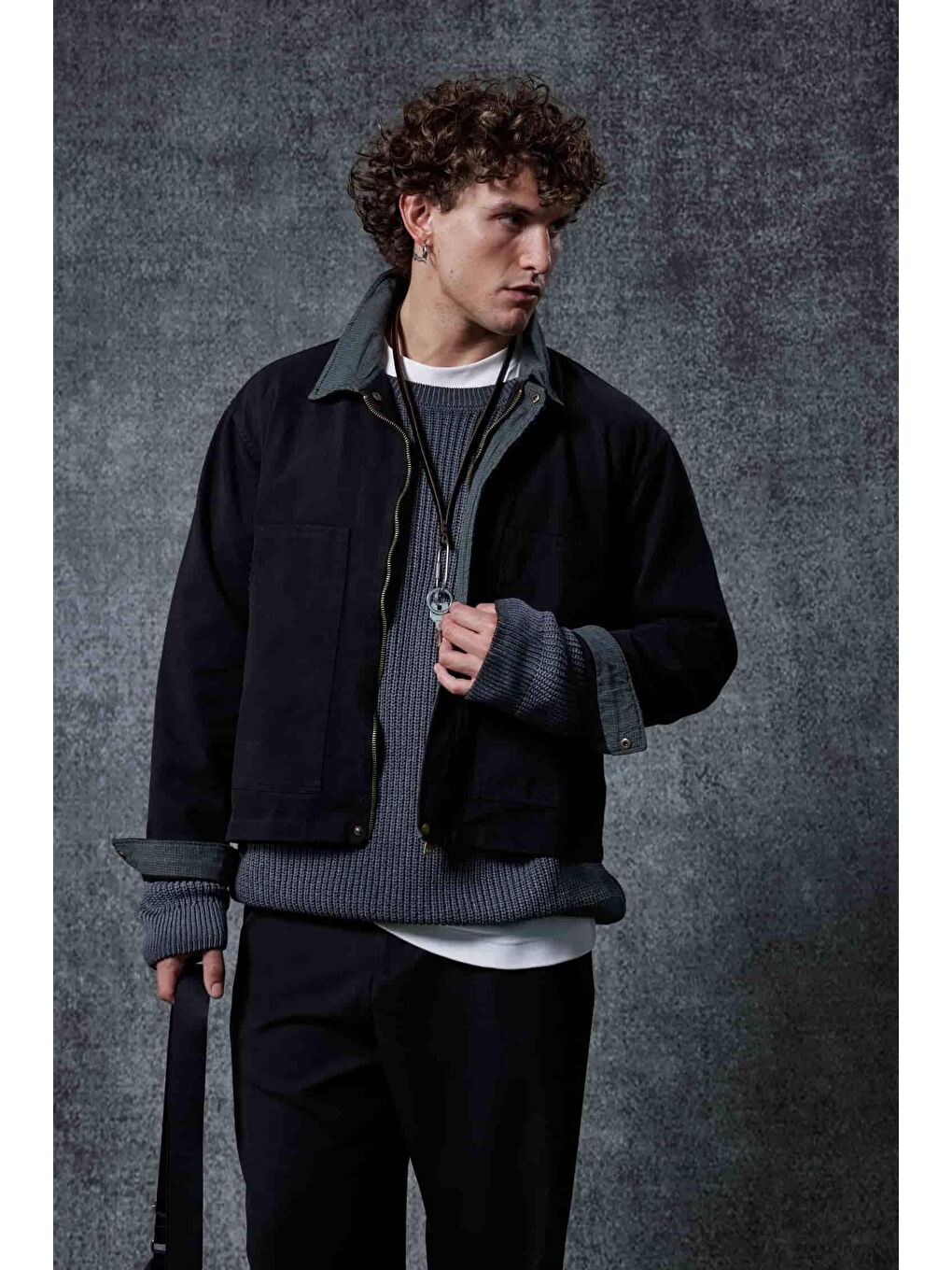 Erkek Ekose Detaylı Yıkamalı Relax Fit Ceket Siyah-3