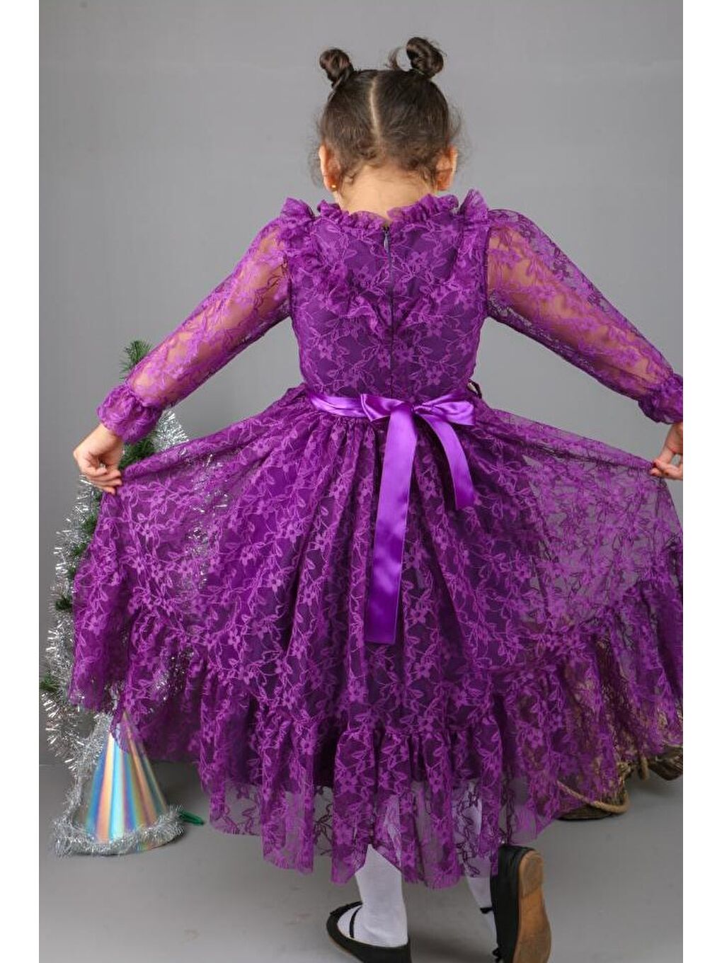 Mor Çiçek Motif Dantelli Çocuk Elbise MNK0580-1