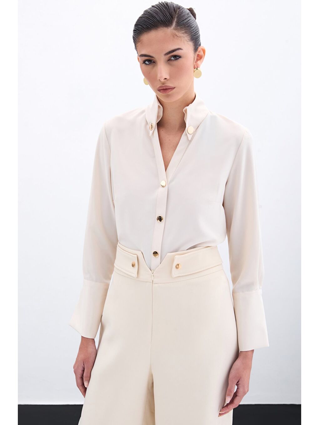 Çıt Çıt Detaylı Gömlek - Bej-1