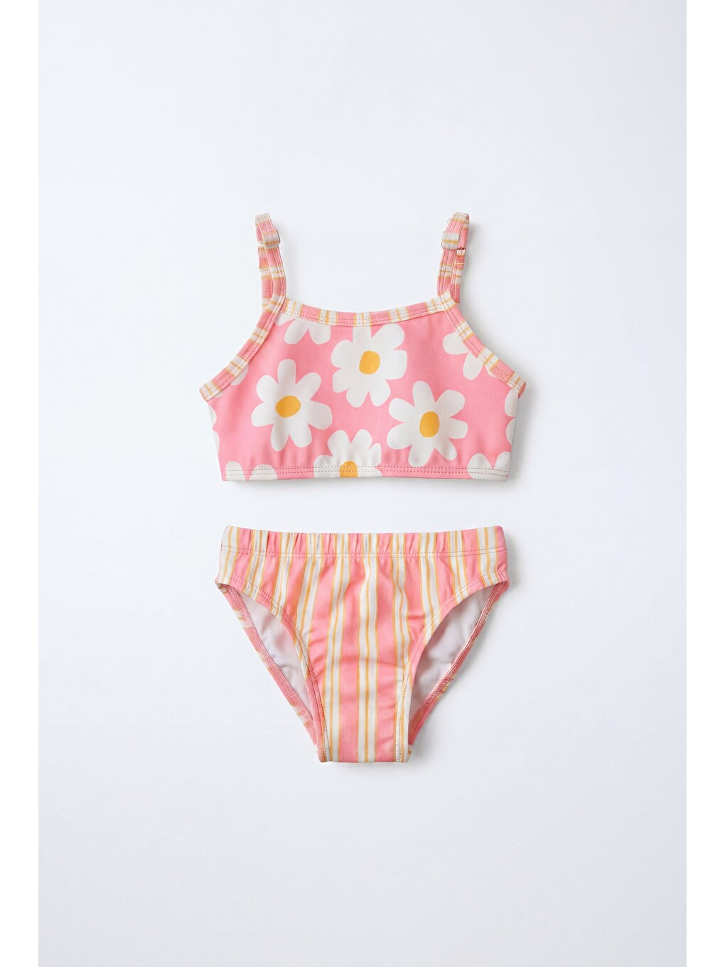 Pembe Kız Çocuk Pamuklu Çiçek Desenli Askılı Bikini Takımı