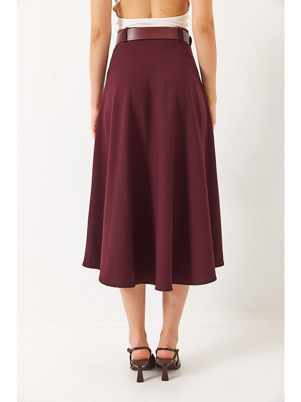 Bordo Kadın Kemerli Kloş Örme Maxi Boy Etek-6