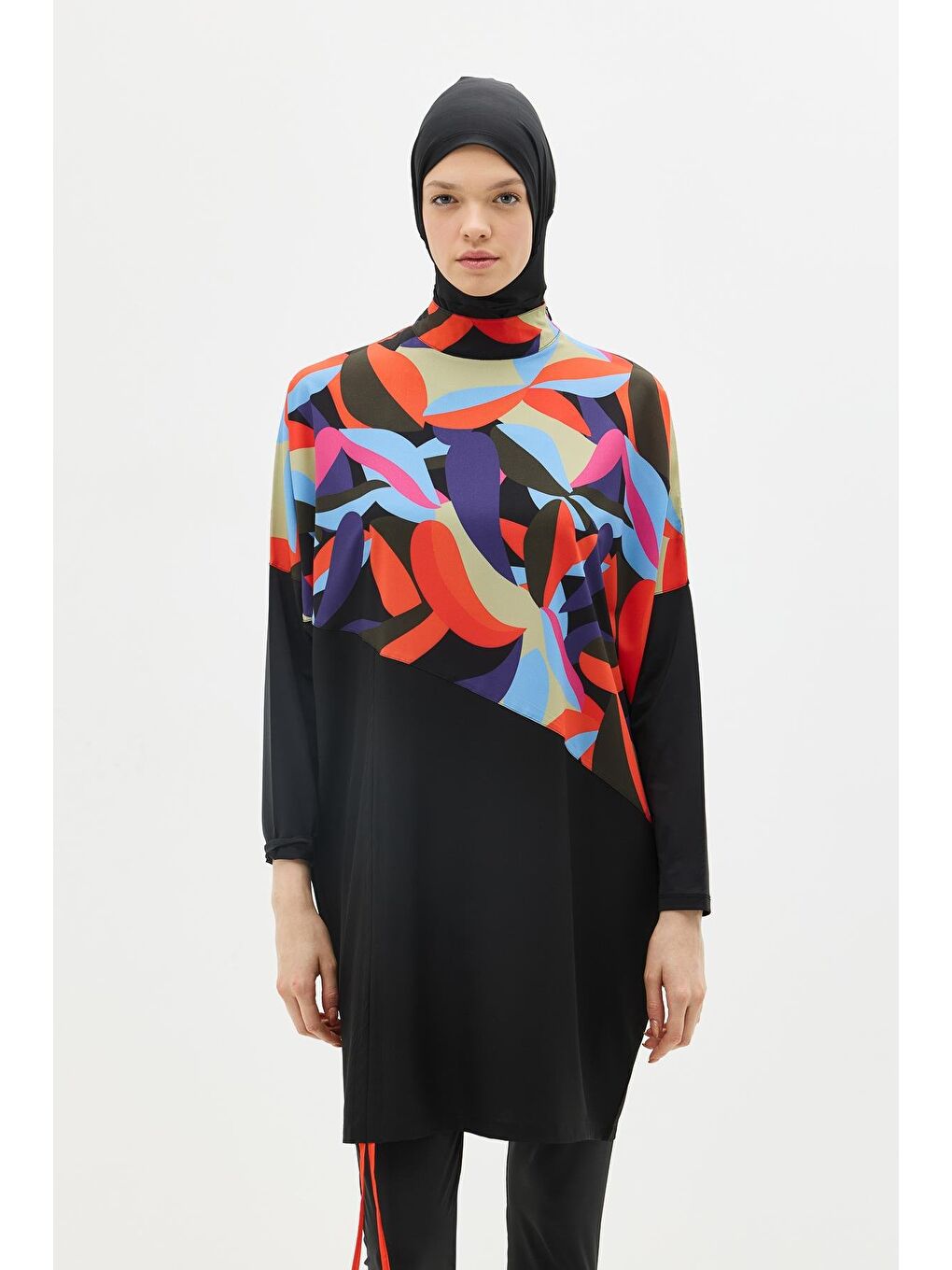 Desenli Rahat Kesim 4'Lü Tesettür Mayo 6297 Lacivert/Siyah-2