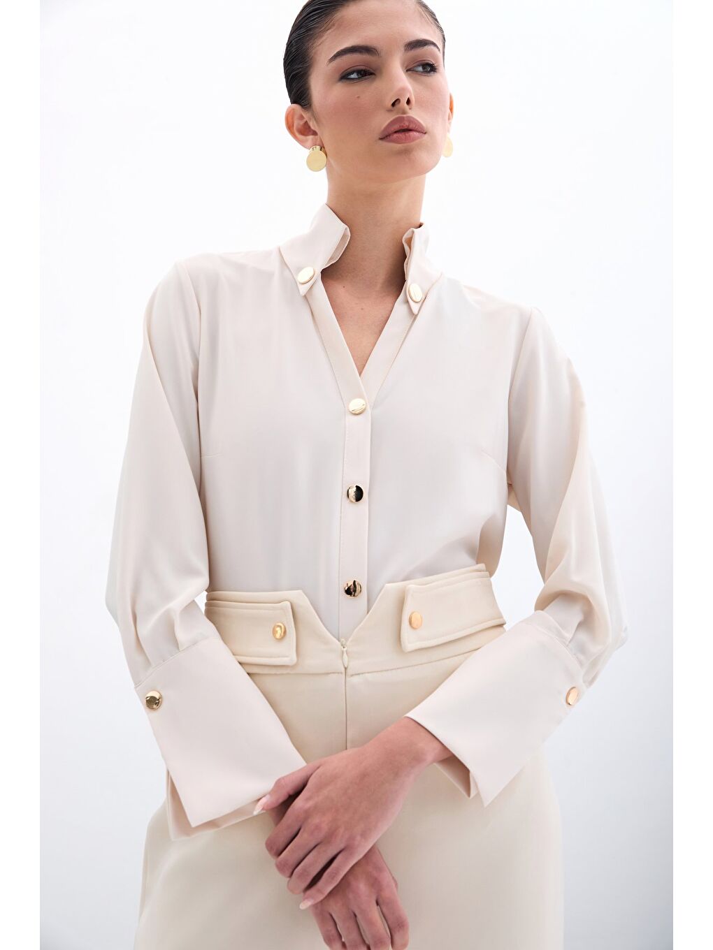 Çıt Çıt Detaylı Gömlek - Bej-2