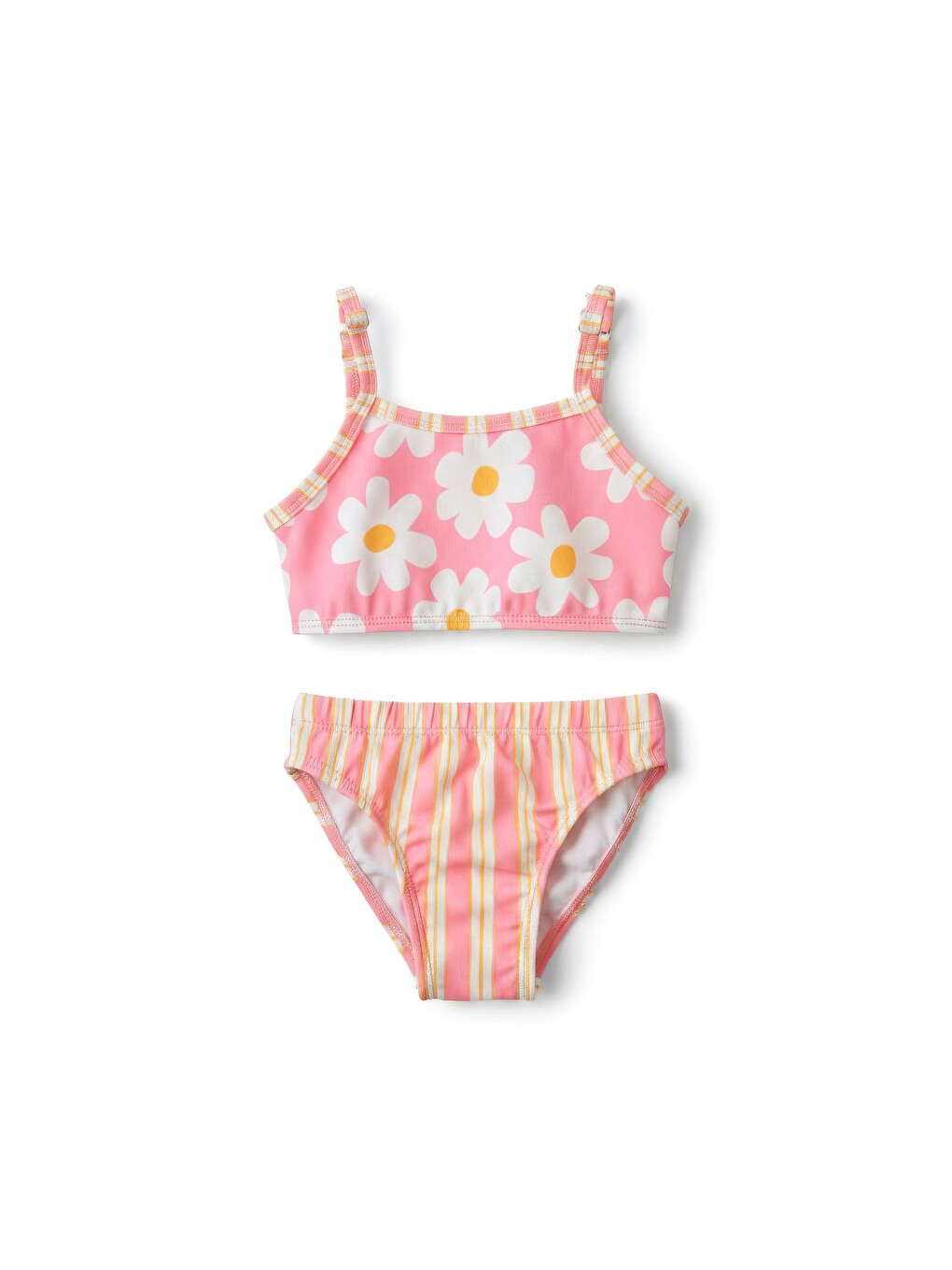 Pembe Kız Çocuk Pamuklu Çiçek Desenli Askılı Bikini Takımı-1