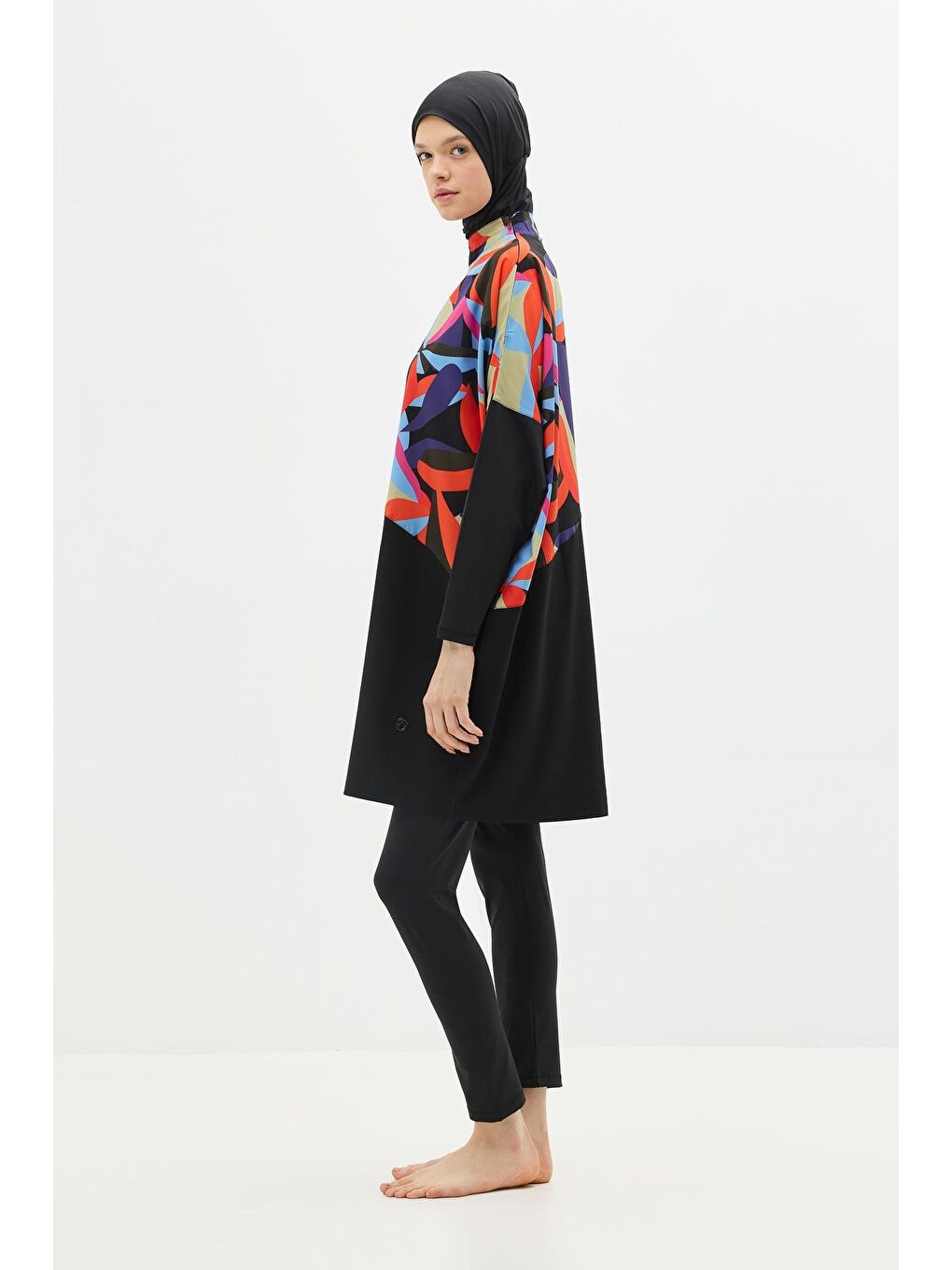 Desenli Rahat Kesim 4'Lü Tesettür Mayo 6297 Lacivert/Siyah-3