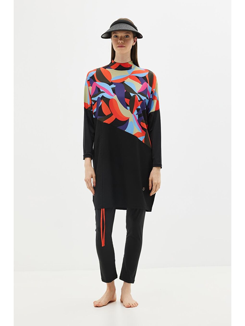 Desenli Rahat Kesim 4'Lü Tesettür Mayo 6297 Lacivert/Siyah-4