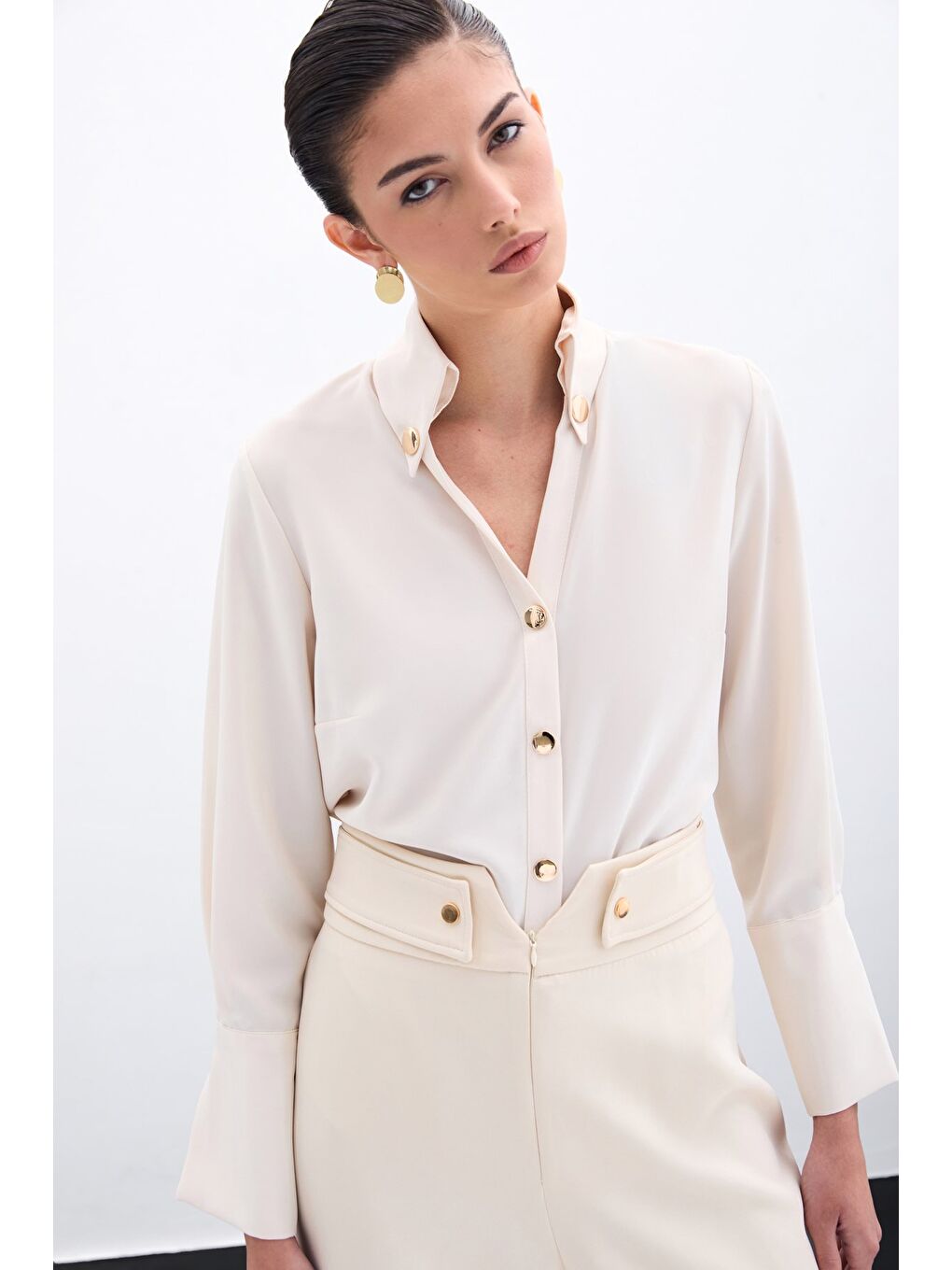 Çıt Çıt Detaylı Gömlek - Bej-4