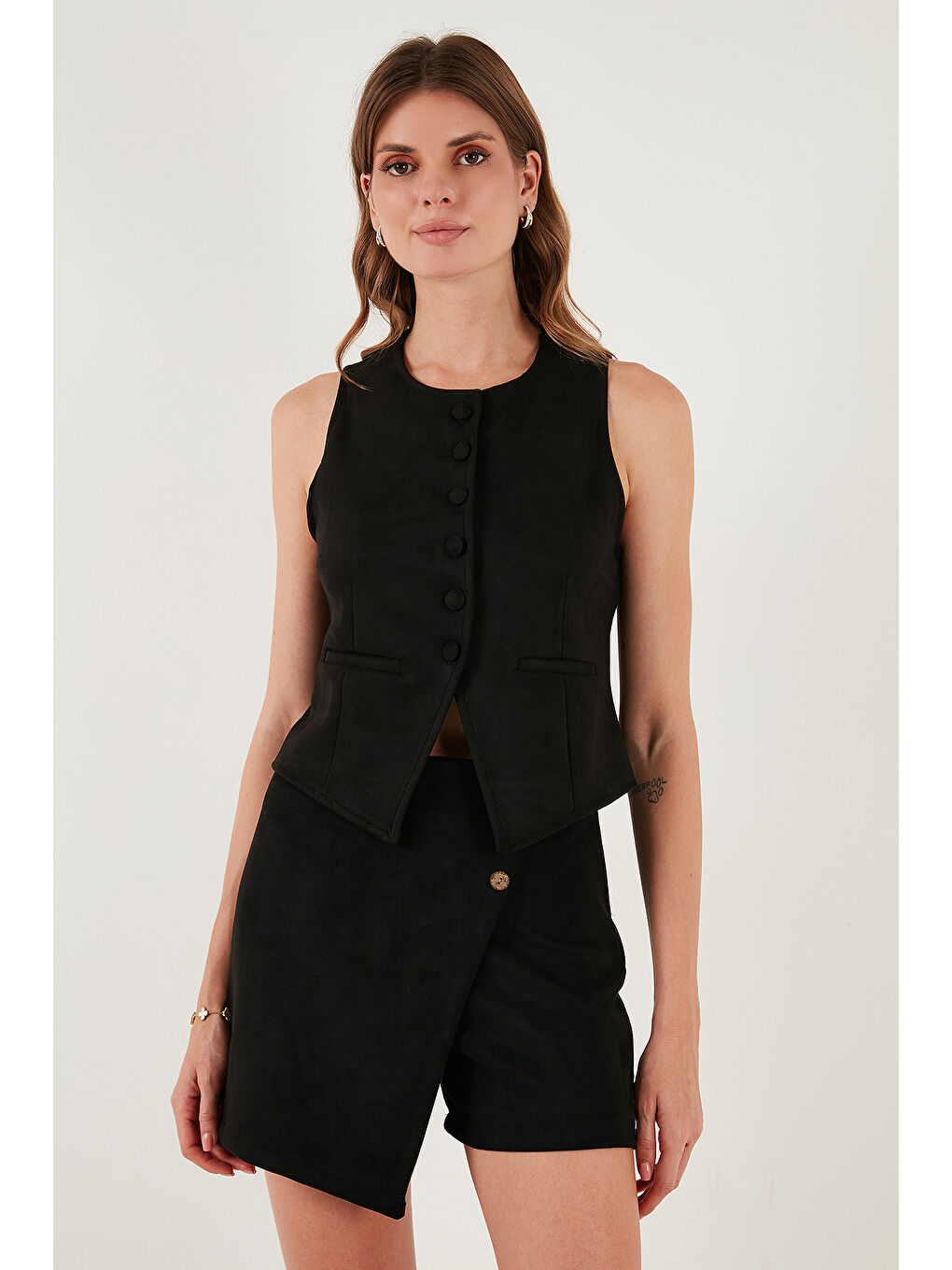 Siyah Fitted Fit Bisiklet Yaka Düğmeli Yumuşak Dokulu Yelek 5866435-5