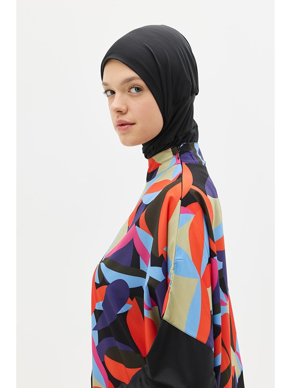 Desenli Rahat Kesim 4'Lü Tesettür Mayo 6297 Lacivert/Siyah-5