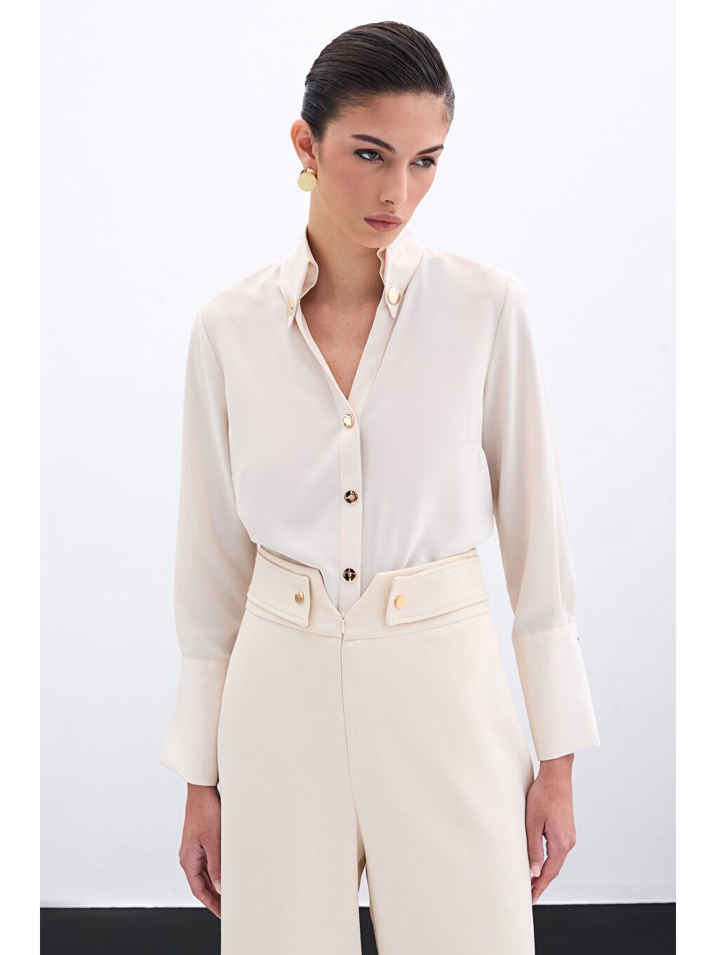 Çıt Çıt Detaylı Gömlek - Bej-5