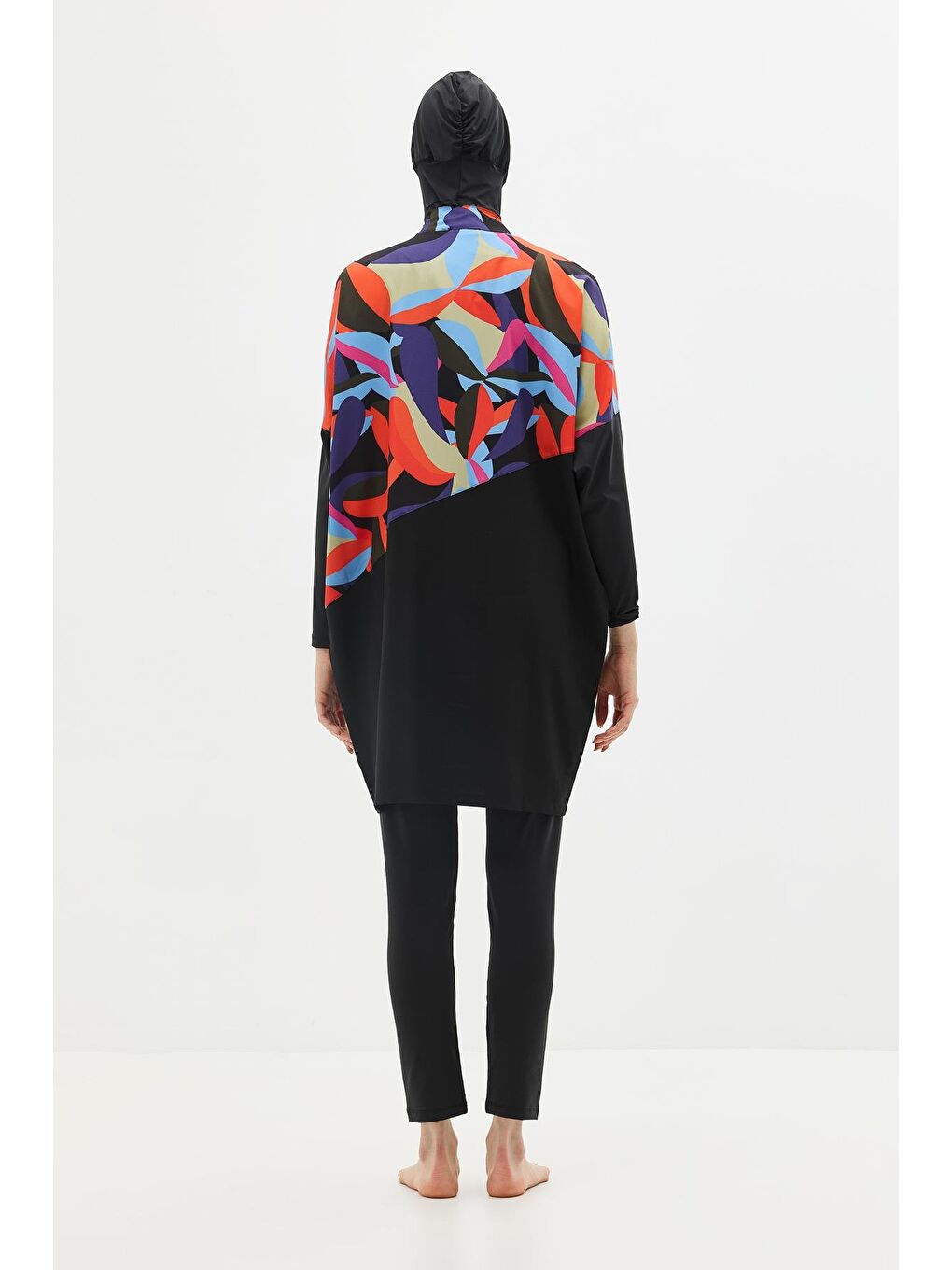 Desenli Rahat Kesim 4'Lü Tesettür Mayo 6297 Lacivert/Siyah-6