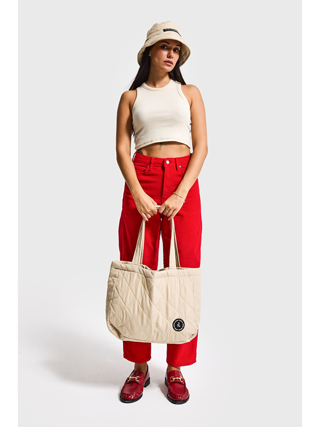 Bej Renk Baklava Desenli Askılı Özel Tasarım Çanta-3