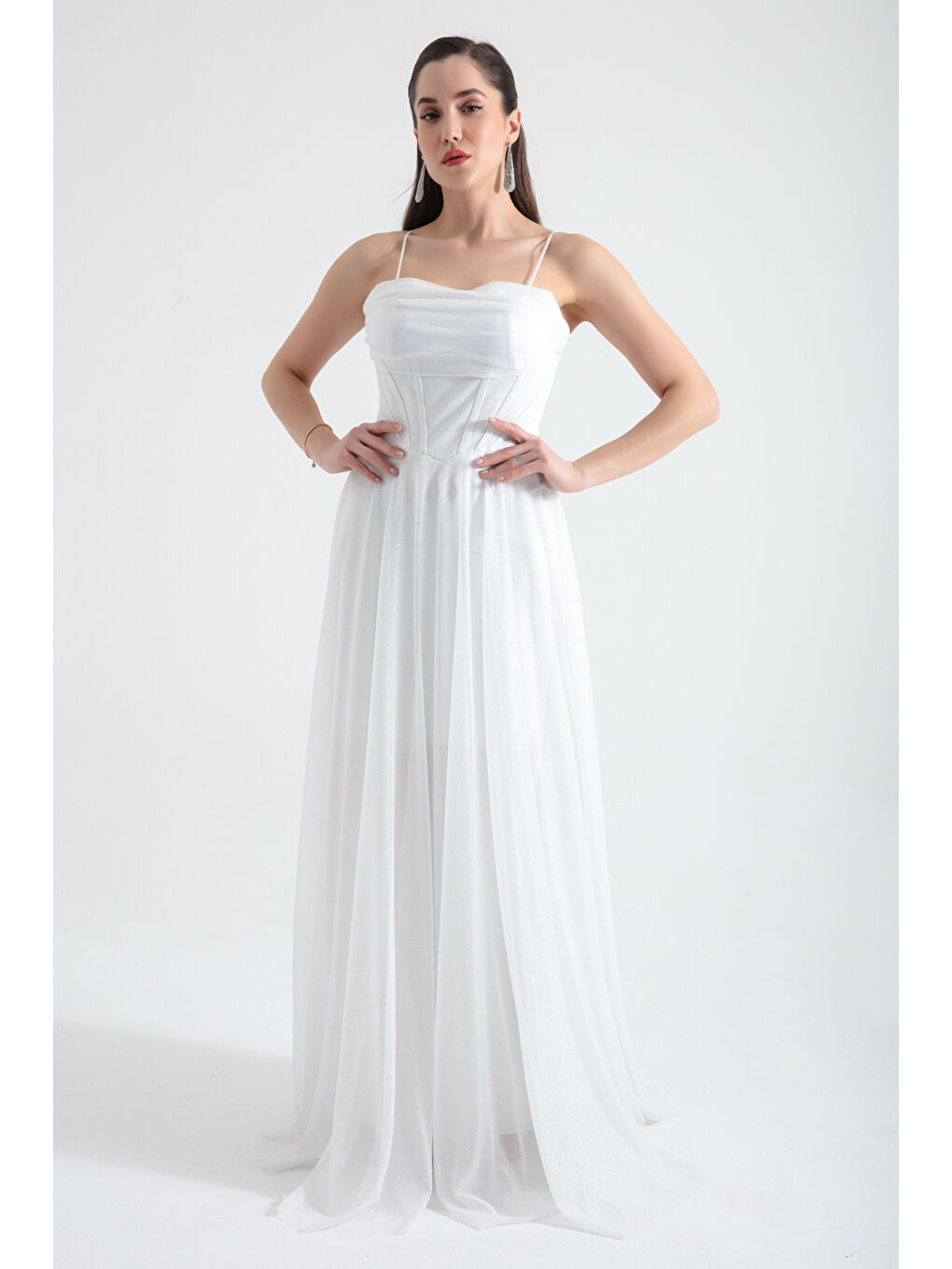 Kadın Beyaz Balen Korseli Simli Uzun Abiye Elbise-2