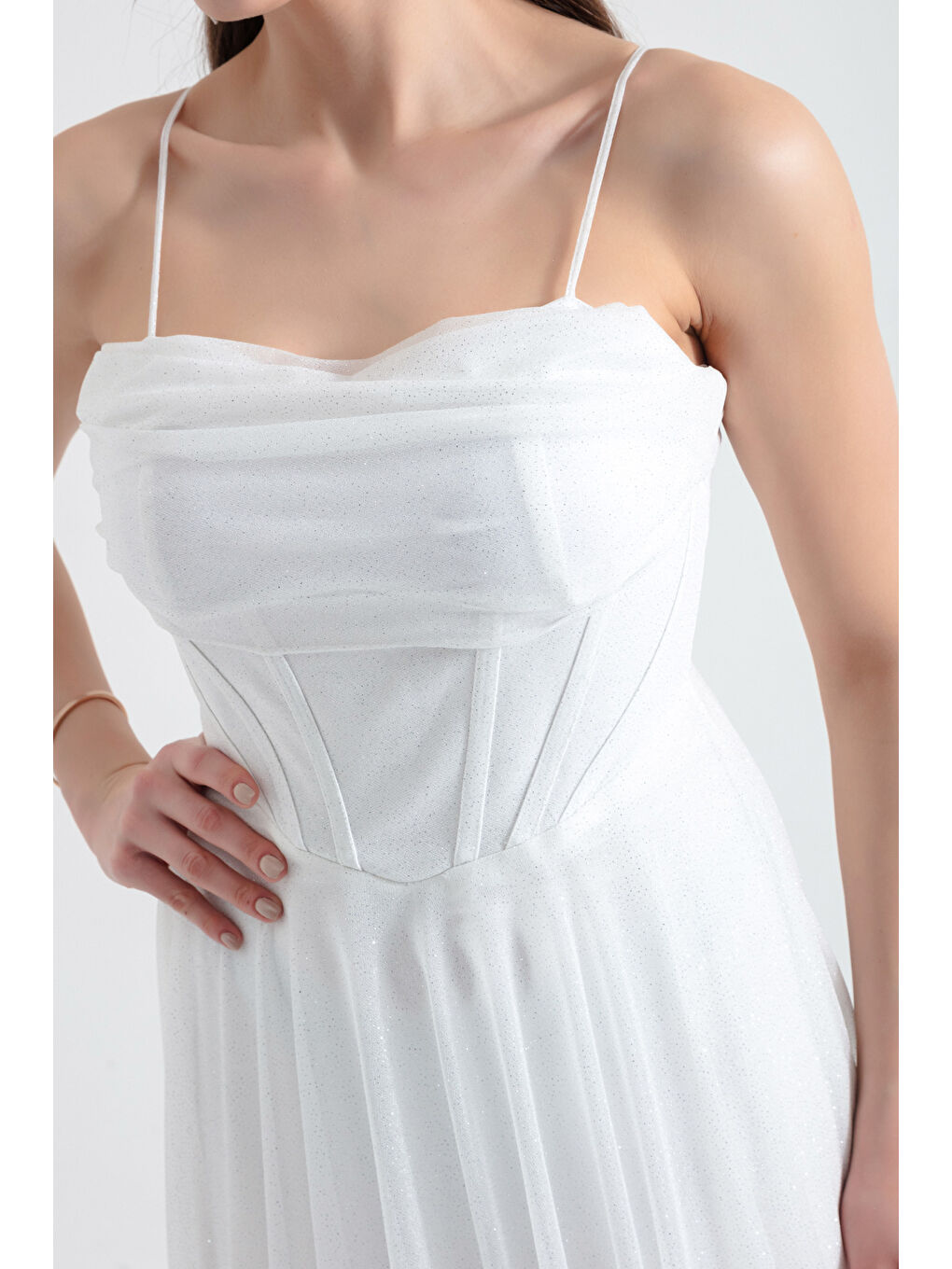 Kadın Beyaz Balen Korseli Simli Uzun Abiye Elbise-3