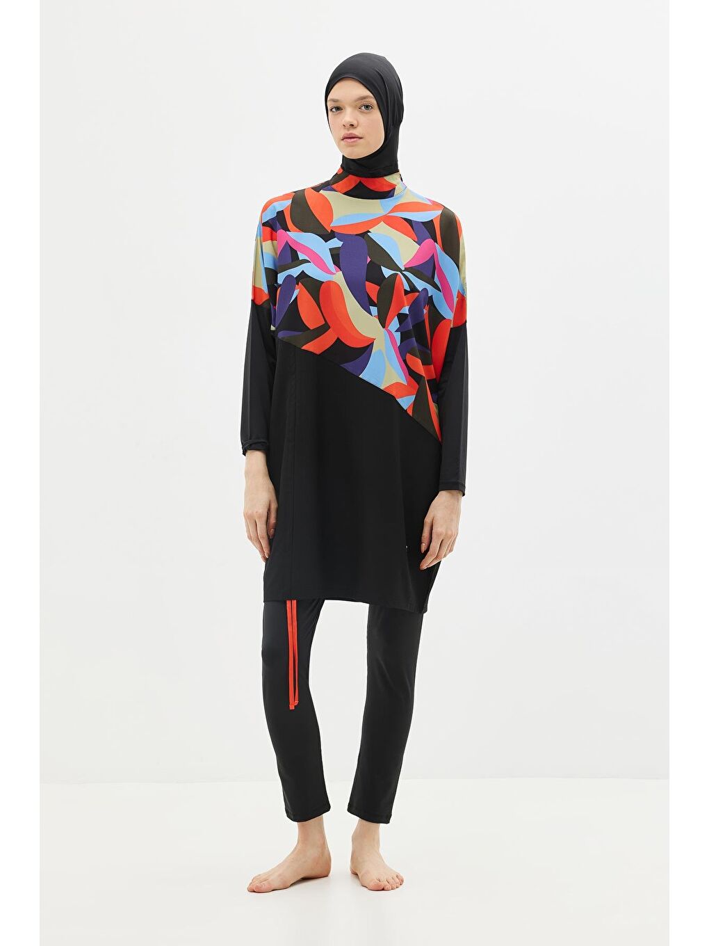 Desenli Rahat Kesim 4'Lü Tesettür Mayo 6297 Lacivert/Siyah-8