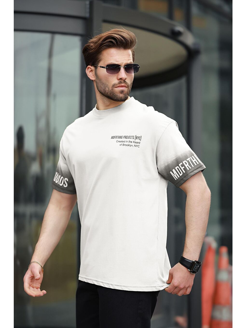 Ekru %100 Pamuklu Baskılı Erkek Tişört E7143-2