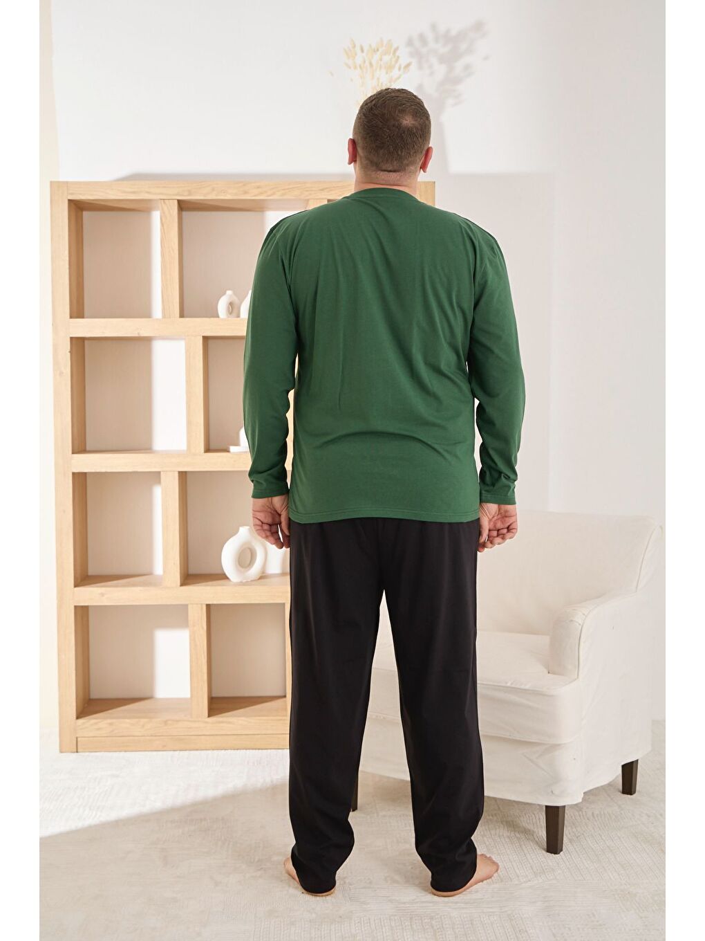 Yeşil Erkek %100 Pamuk Uzun Kollu Baskılı Battal Kaliteli Rahat Pijama Takımı-2