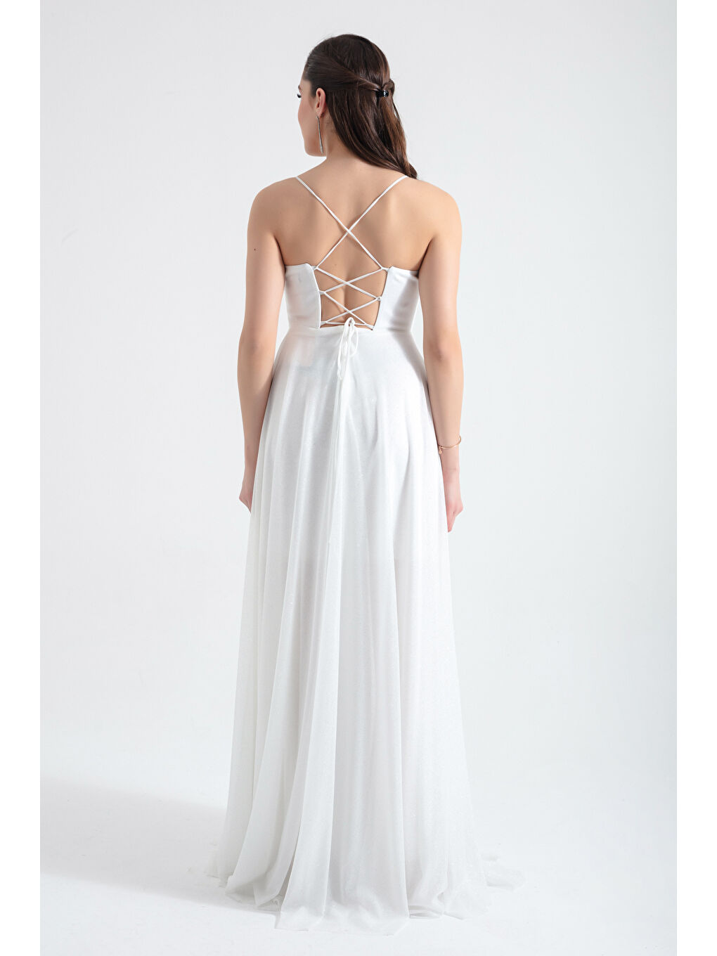 Kadın Beyaz Balen Korseli Simli Uzun Abiye Elbise-4