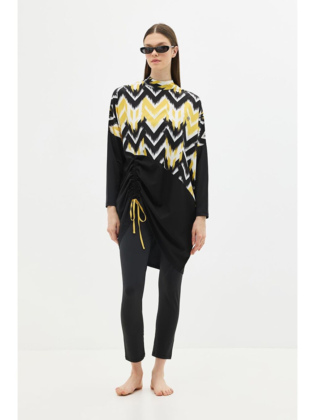 Desenli Rahat Kesim 4'Lü Tesettür Mayo 6297 Sarı/Siyah