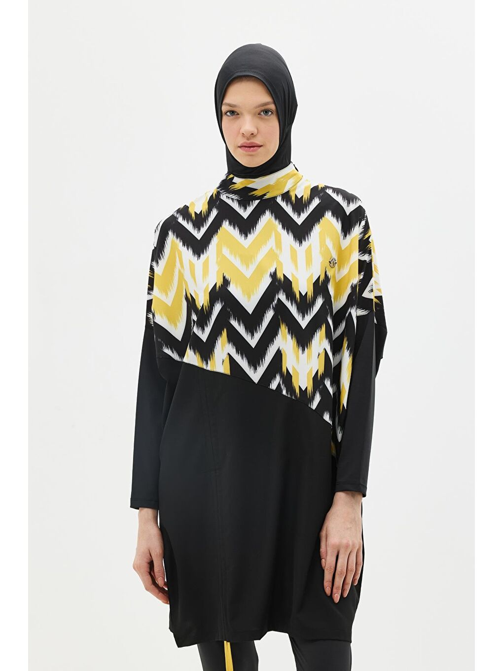 Desenli Rahat Kesim 4'Lü Tesettür Mayo 6297 Sarı/Siyah-1