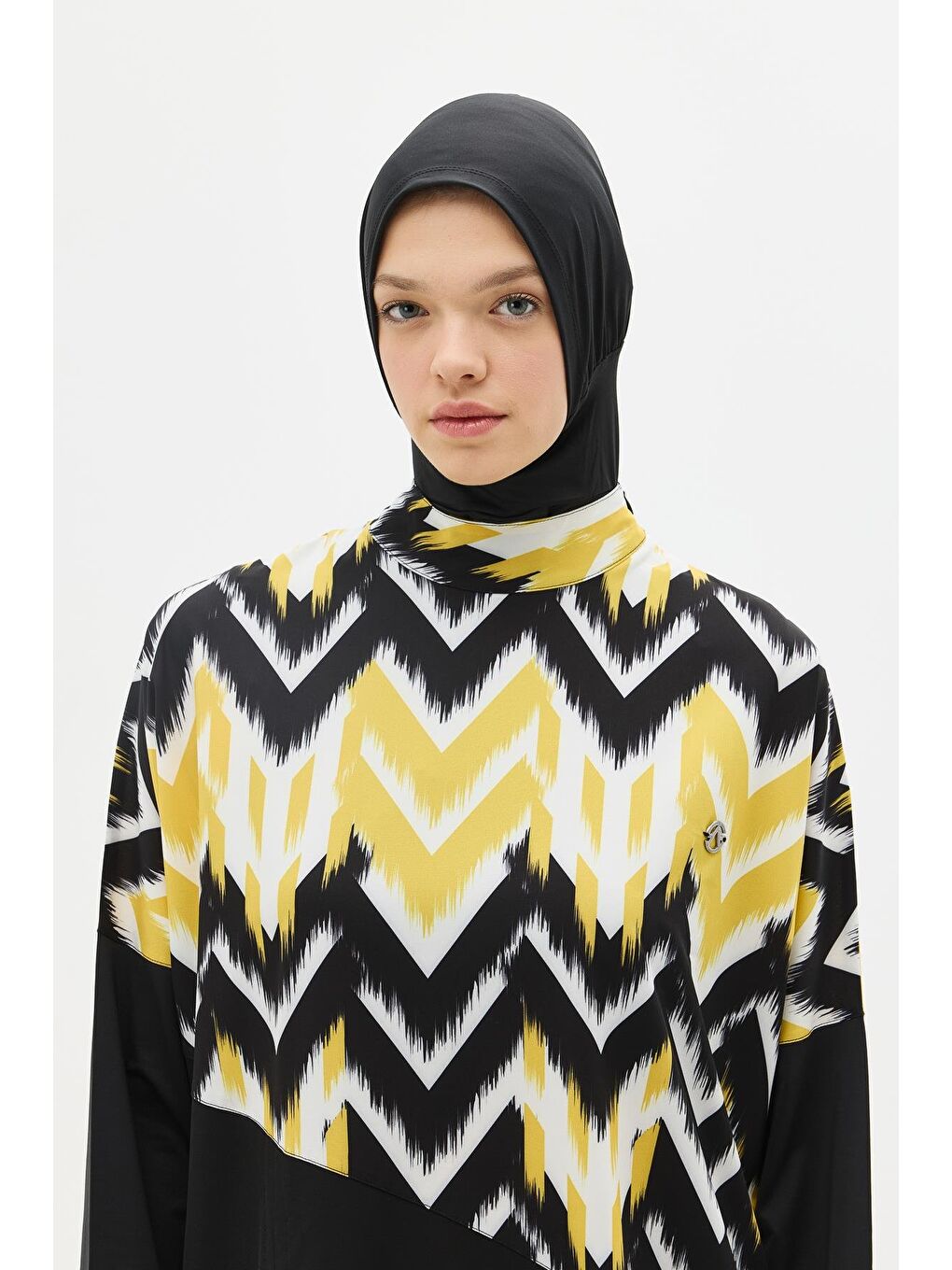 Desenli Rahat Kesim 4'Lü Tesettür Mayo 6297 Sarı/Siyah-2